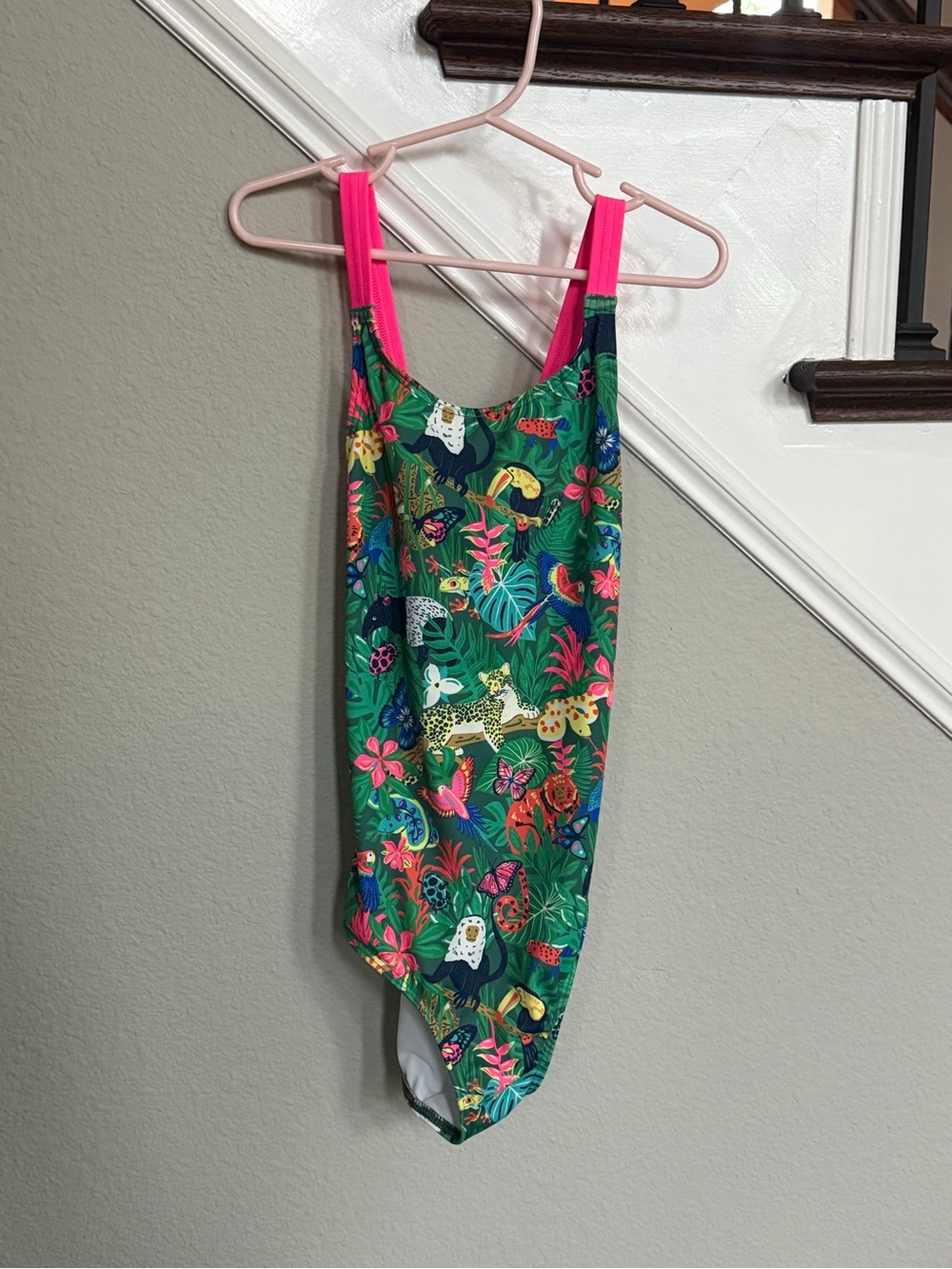 Boden Girls' Tropical Print One-Piece Swimsuit with Hot Pink Straps
